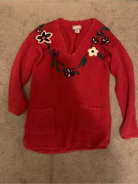 62 East Red V-Neck Sweater with Floral Embroidery